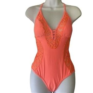 TiniBikini Coral One Piece Swimsuit Lace Halter‎ Neckline Beach Swim Women's Sm